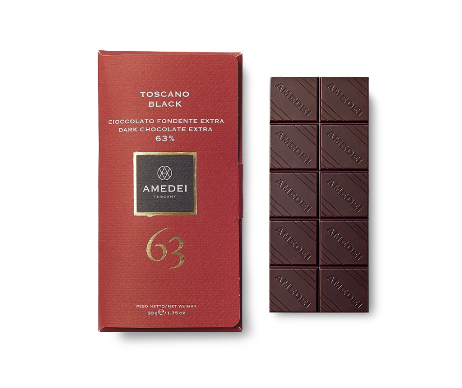 Amedei Toscano Black 63% Dark Chocolate Bar Open