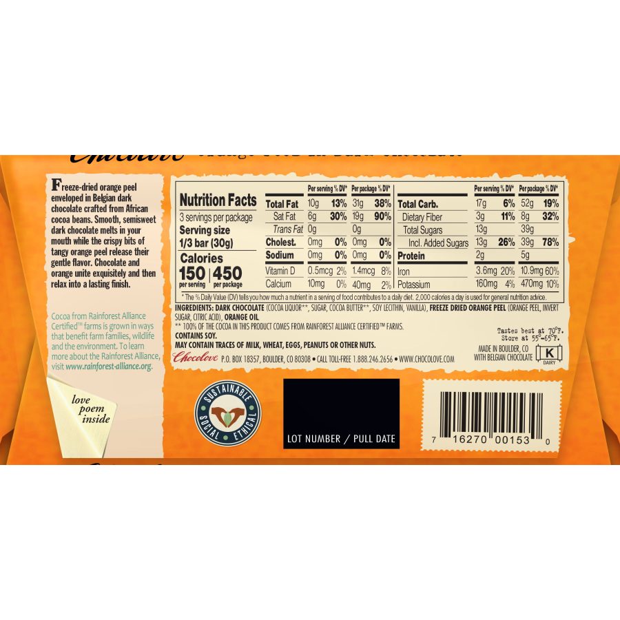 Chocolove 55% Orange Peel Dark Chocolate Bar Back