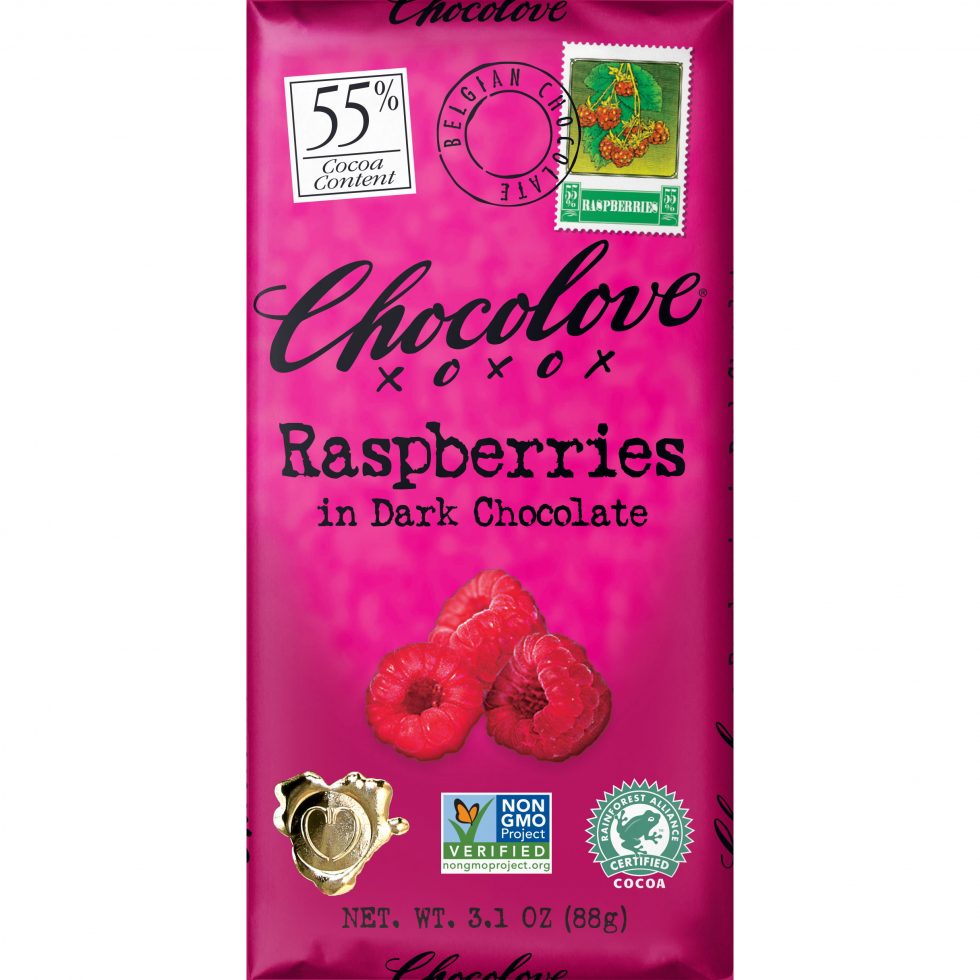 Chocolove 55% Dark Chocolate Bar with Raspberries | World Wide Chocolate