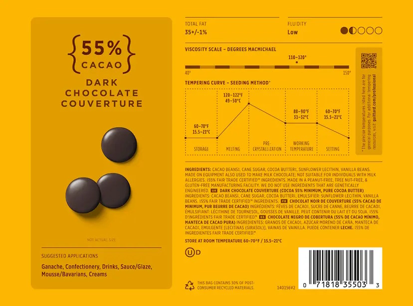Guittard La Nuit Noire 55% Dark Couverture Chocolate Wafers Label