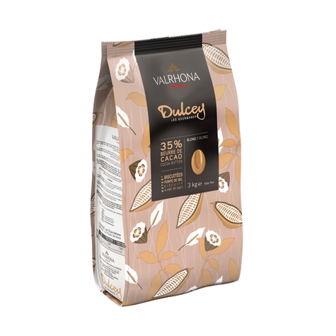 Valrhona Premium French Baking Blonde Chocolate Discs (Feves). DULCEY 35%  Cacao. Creamy, Caramel Cookie Flavor Notes. Easy Melt & Tempering. Creamy