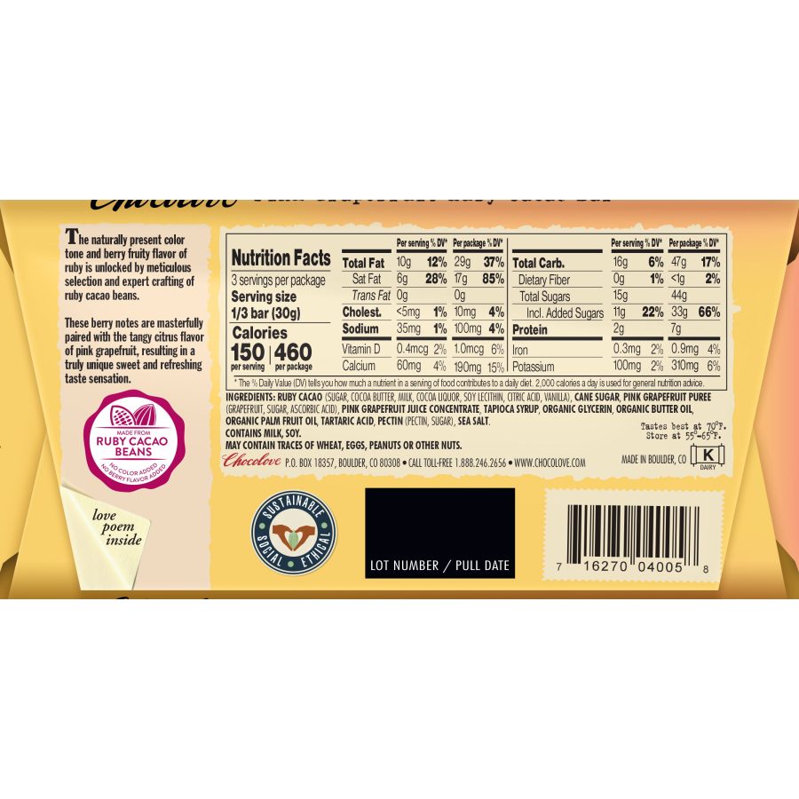 Chocolove Pink Grapefruit in 34% Ruby Cacao Bar Back