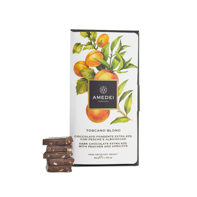 Amedei Toscano Blond 63% Dark Chocolate Bar with Peaches & Apricots