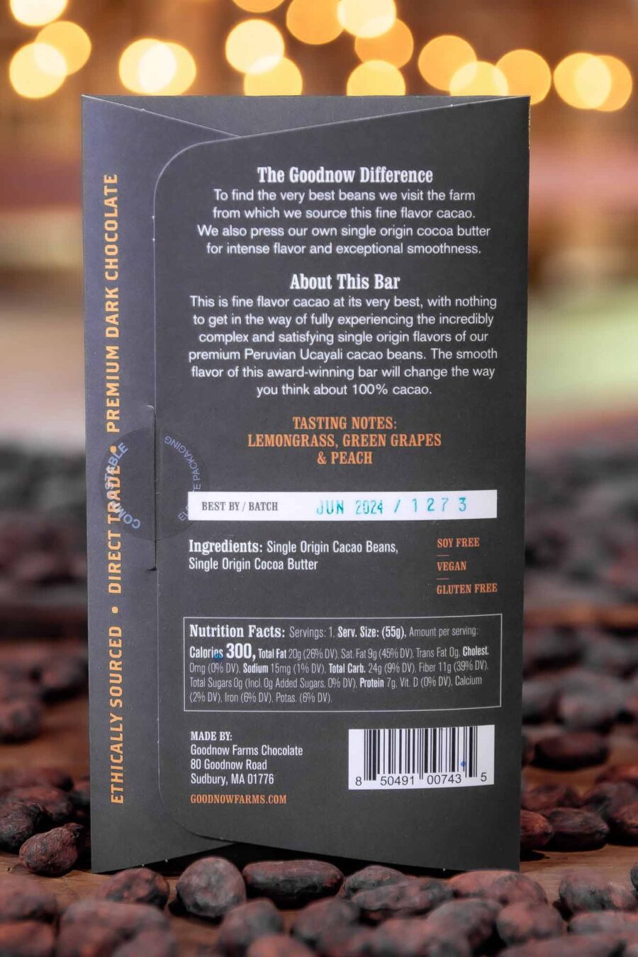 Goodnow Farms Special Reserve Peru 100% Cacao Dark Chocolate Bar Back