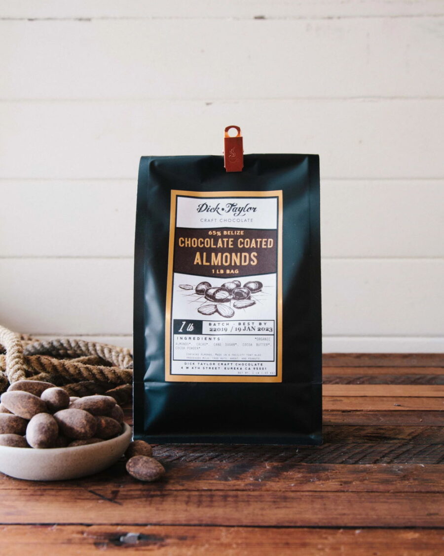 Dick Taylor Belize 65% Dark Chocolate Coated Almonds 1 Pound Bag Lifestyle