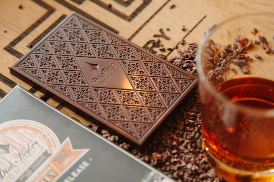 Dick Taylor Limited Edition 70% Dark Chocolate Bar with Straight Bourbon Whiskey Lifestyle