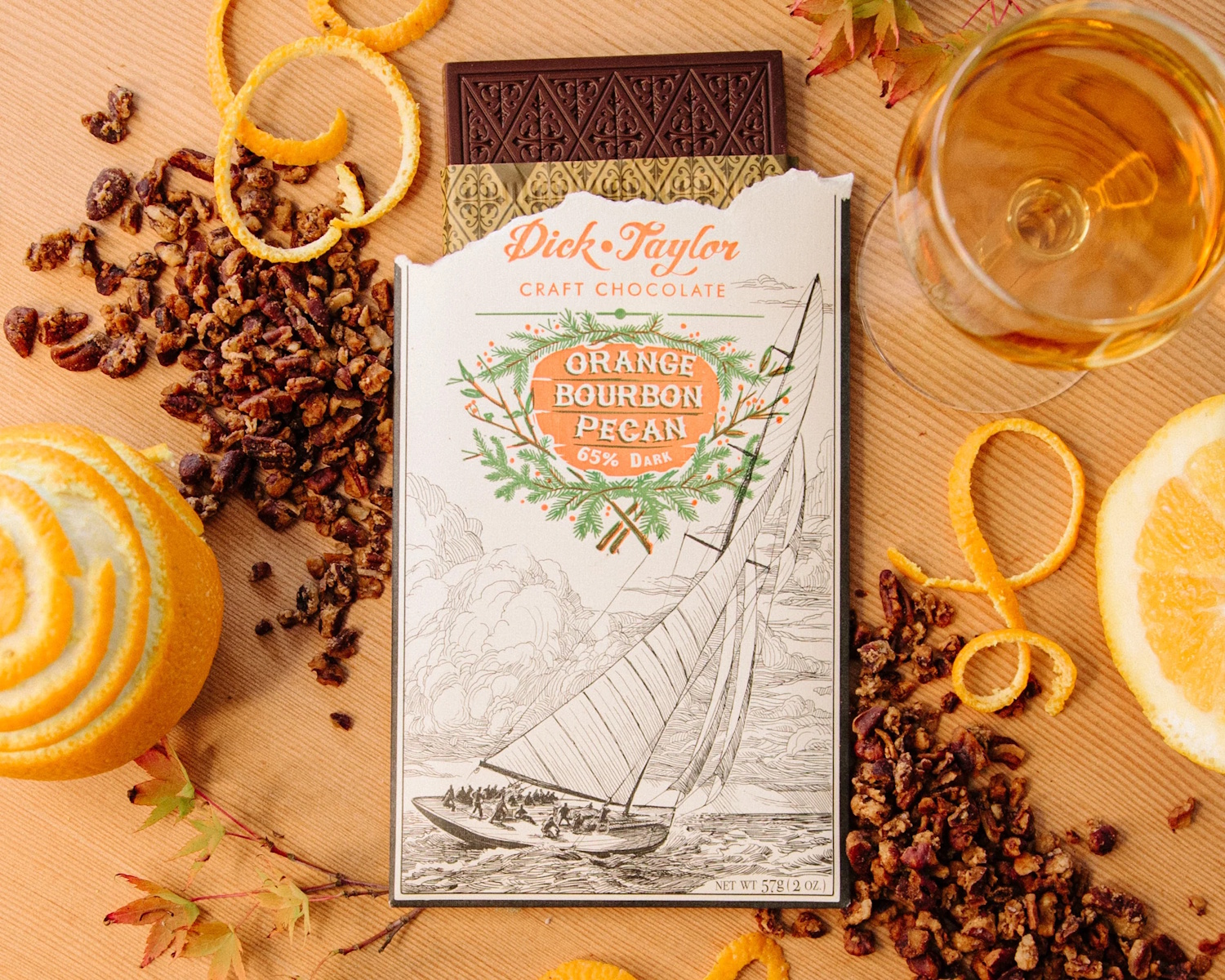 Dick Taylor Orange Bourbon Pecan 65% Dark Chocolate Bar Lifestyle