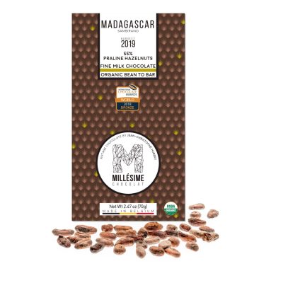 Millésime Madagascar 55% Milk Chocolate Bar with Hazelnuts & Almonds Praliné Filling