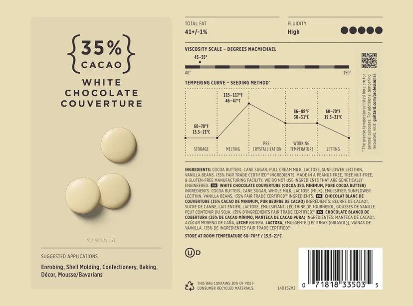 Guittard Soie Blanche 35% White Couverture Chocolate Wafers Label
