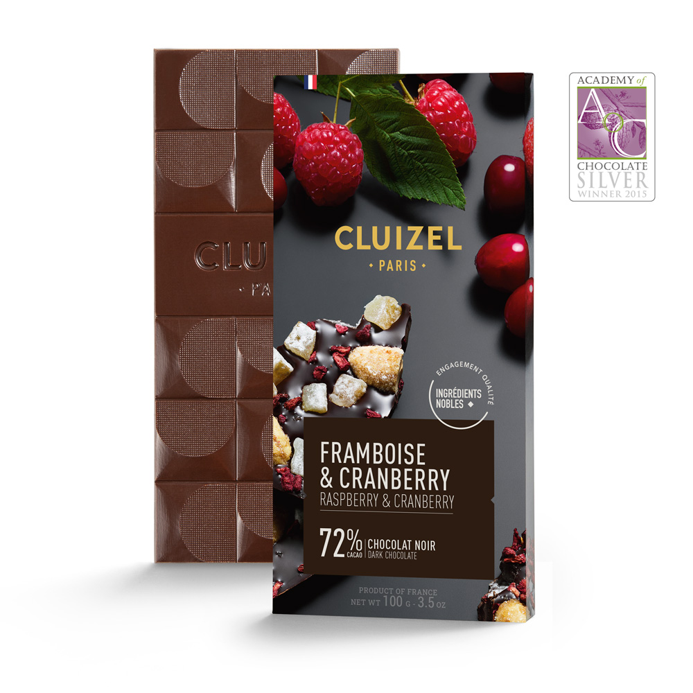 Michel Cluizel 72% Dark Chocolate Bar with Raspberry & Cranberry