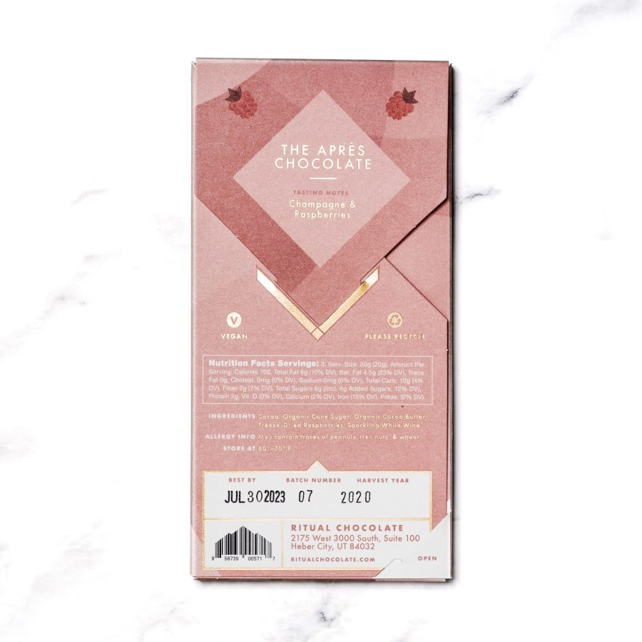 Ritual The Après Chocolate 70% Dark Chocolate Bar with Sparkling White Wine & Dried Raspberries Back-min