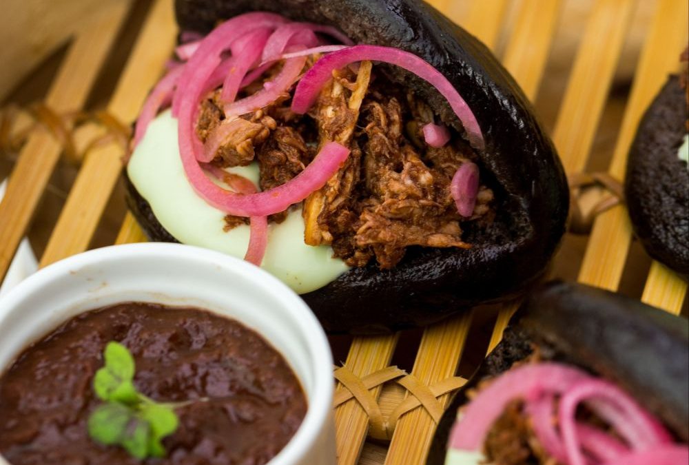 deZaan Carbon Black Steamed Buns filled with Crimson Red BBQ Pulled Pork