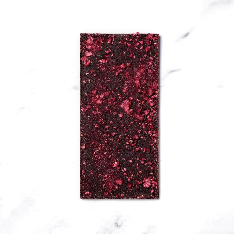 Ritual Chocolate The Après Chocolate 70% Dark Chocolate Bar with Sparkling White Wine & Dried Raspberries Open Back-min