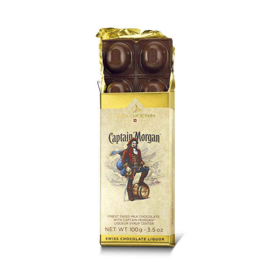 Goldkenn 37% Milk Chocolate Bar with Captain Morgan Liqueur Syrup Center Open-min