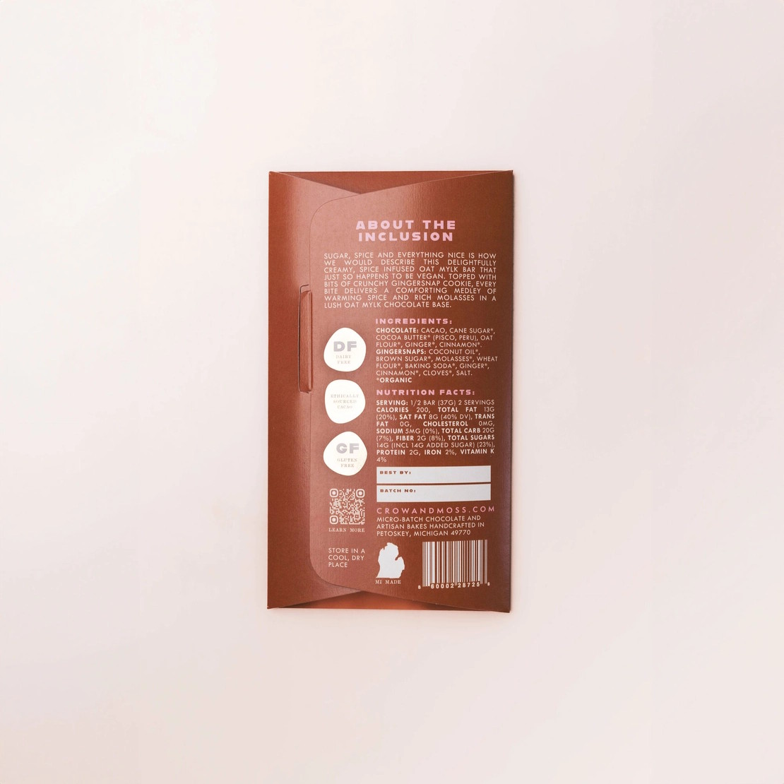 Crow & Moss 40% Oat Mylk Chocolate Bar with Gingersnap Cookie Back