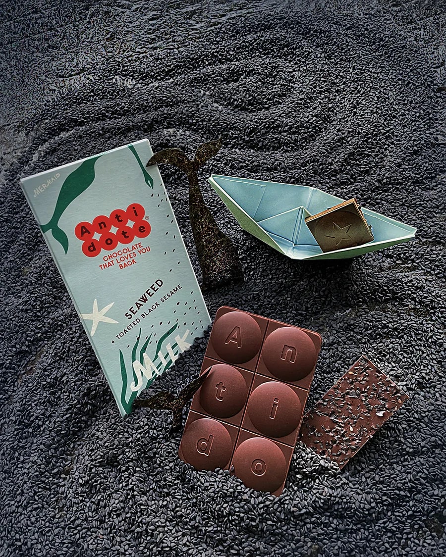 Antidote Mermaid 56% Milk Chocolate Bar with Seaweed & Toasted Black Sesame Lifestyle