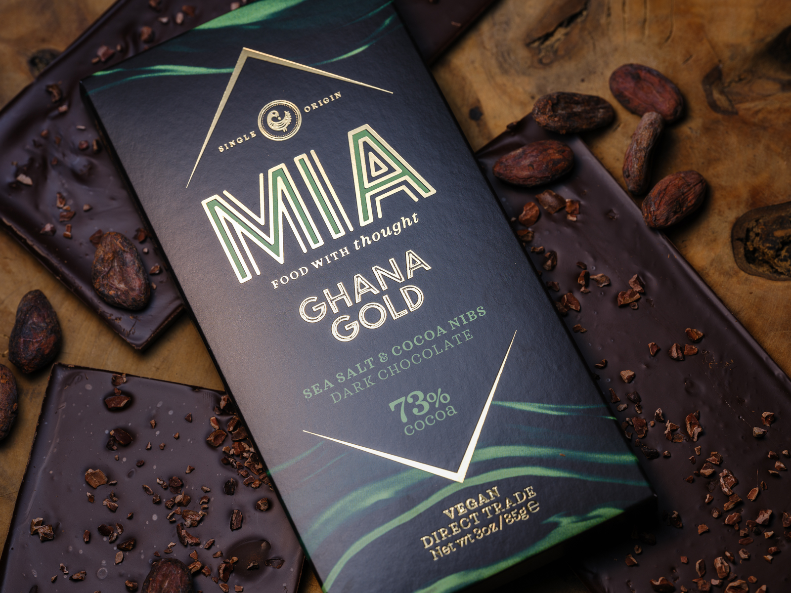 MIA Ghana Gold 73% Dark Chocolate Bar with Sea Salt & Cocoa Nibs Lifestyle