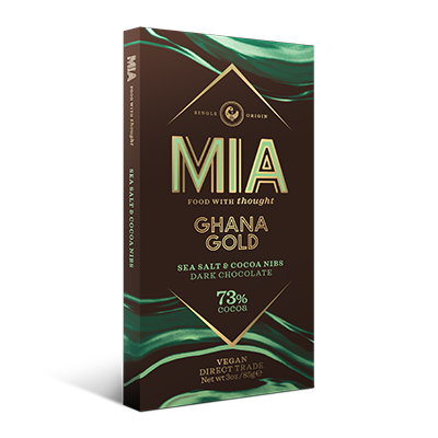 MIA Ghana Gold 73% Dark Chocolate Bar with Sea Salt & Cocoa Nibs