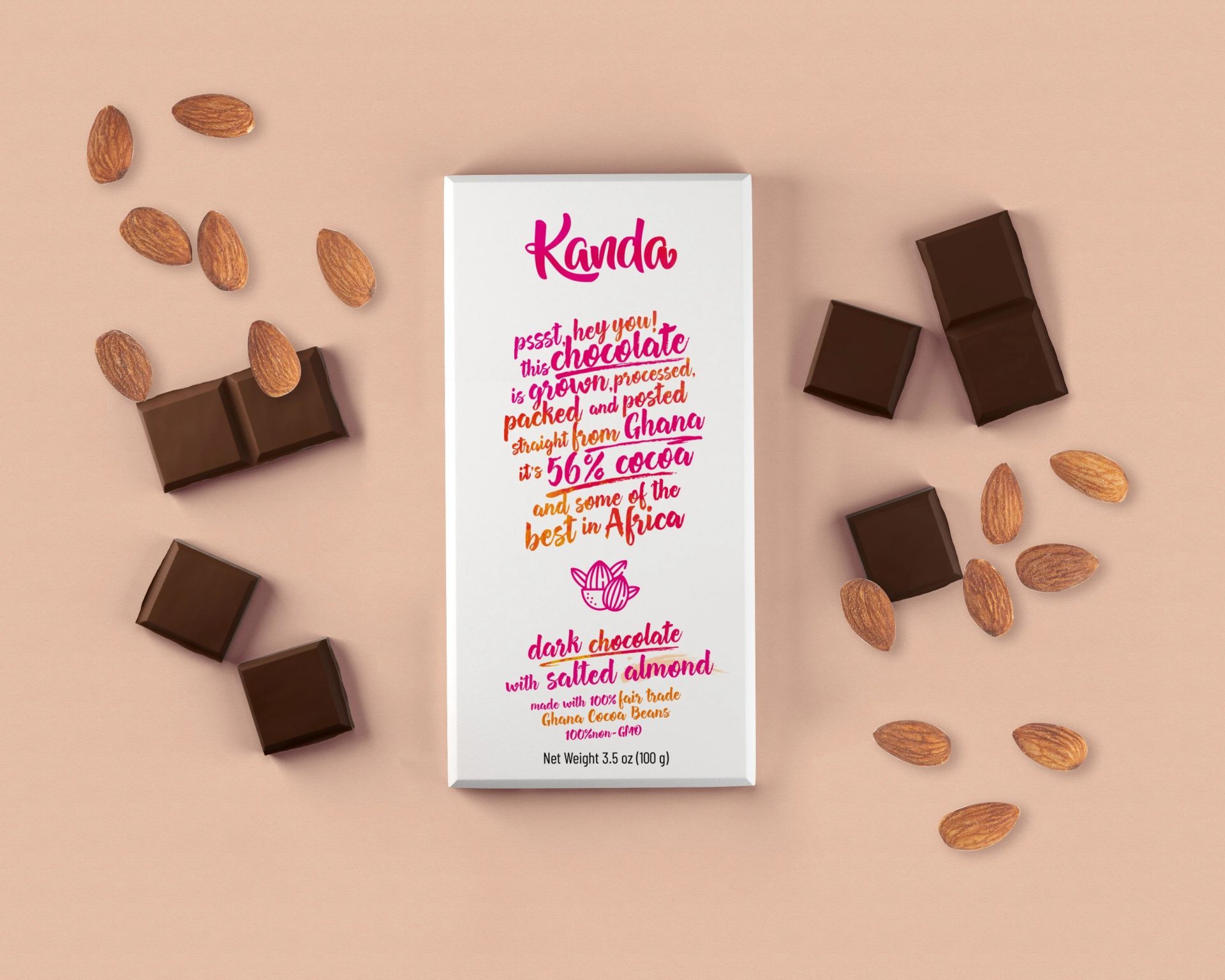 Kanda Ghana 56 Dark Chocolate Bar with Salted Almond Beauty Shot