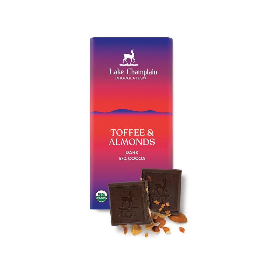 Lake Champlain Chocolates Organic 57% Dark Chocolate Bar with Toffee & Almonds
