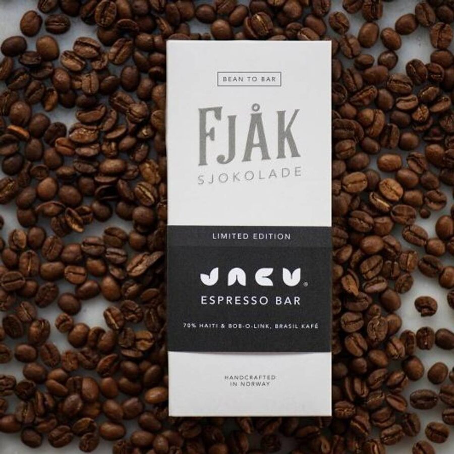 Fjak Limited Edition 70% Dark Chocolate Bar with Jacu Espresso Lifestyle