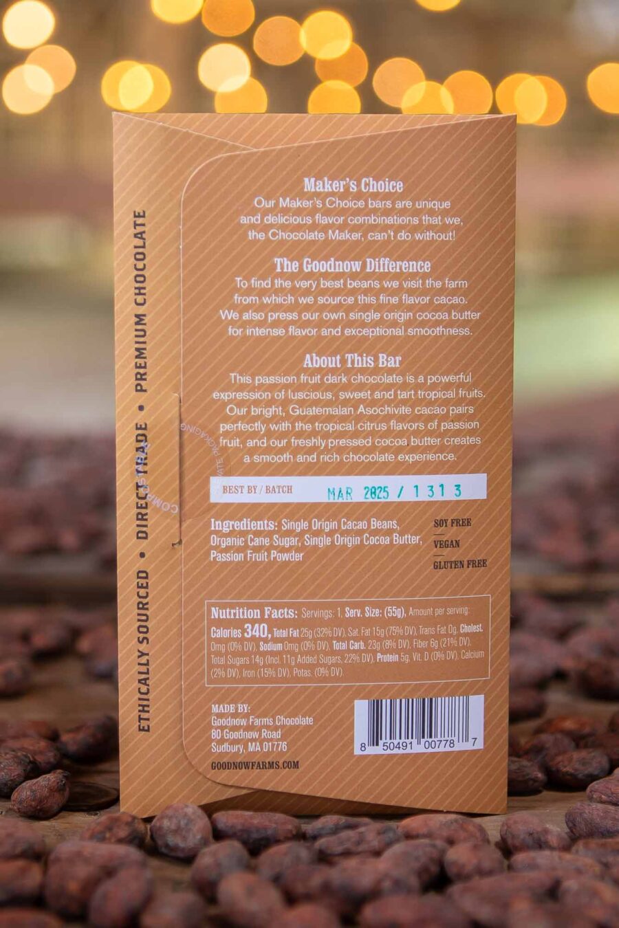 Goodnow Farms Maker's Choice Guatemala 70% Dark Chocolate Bar with Pure Passion Fruit Back