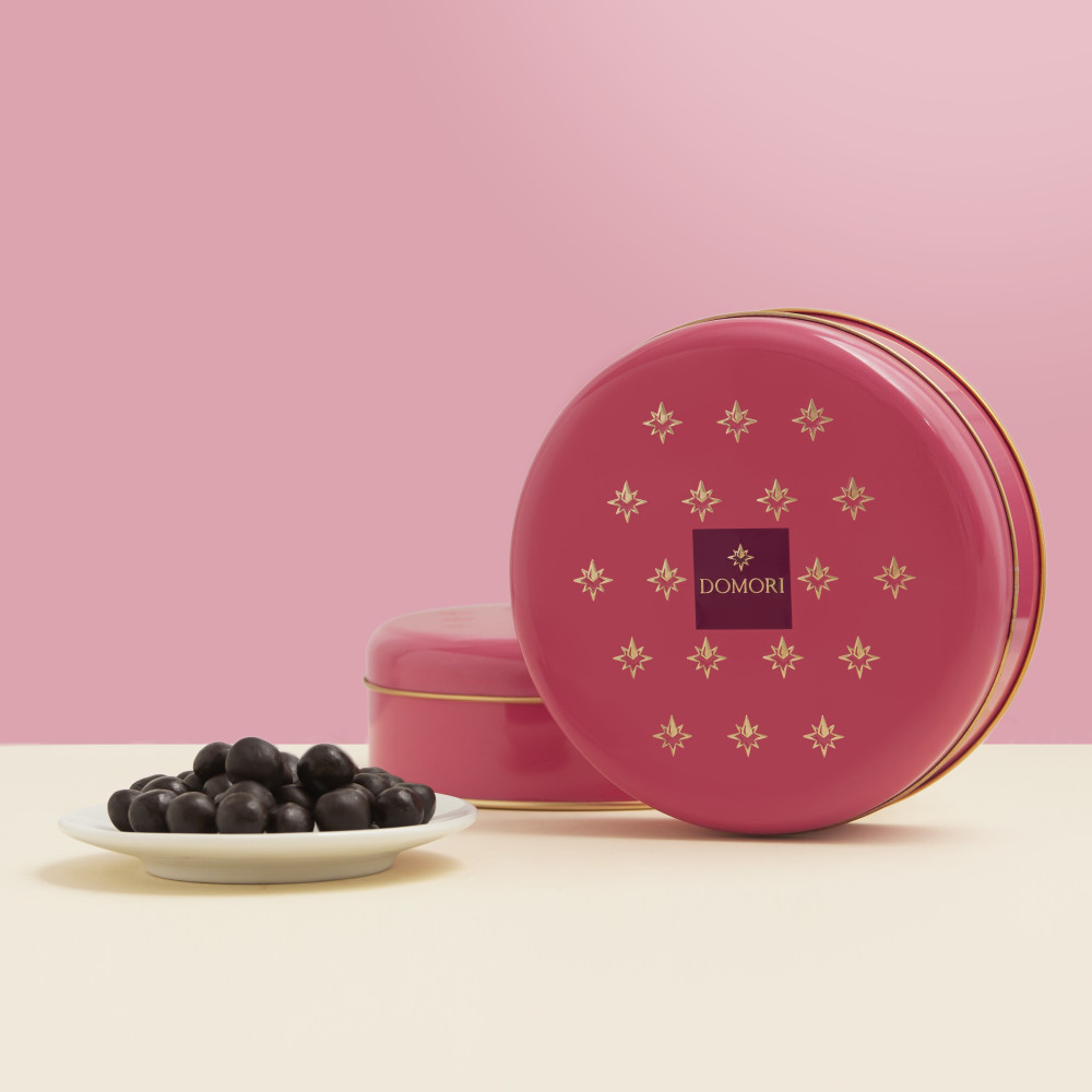 Domori Dark Chocolate Covered Cherries Gift Tin Lifestyle