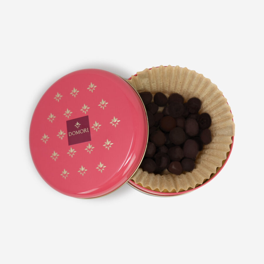 Domori Cherries Covered with Dark Chocolate in Gift Tin Top Open