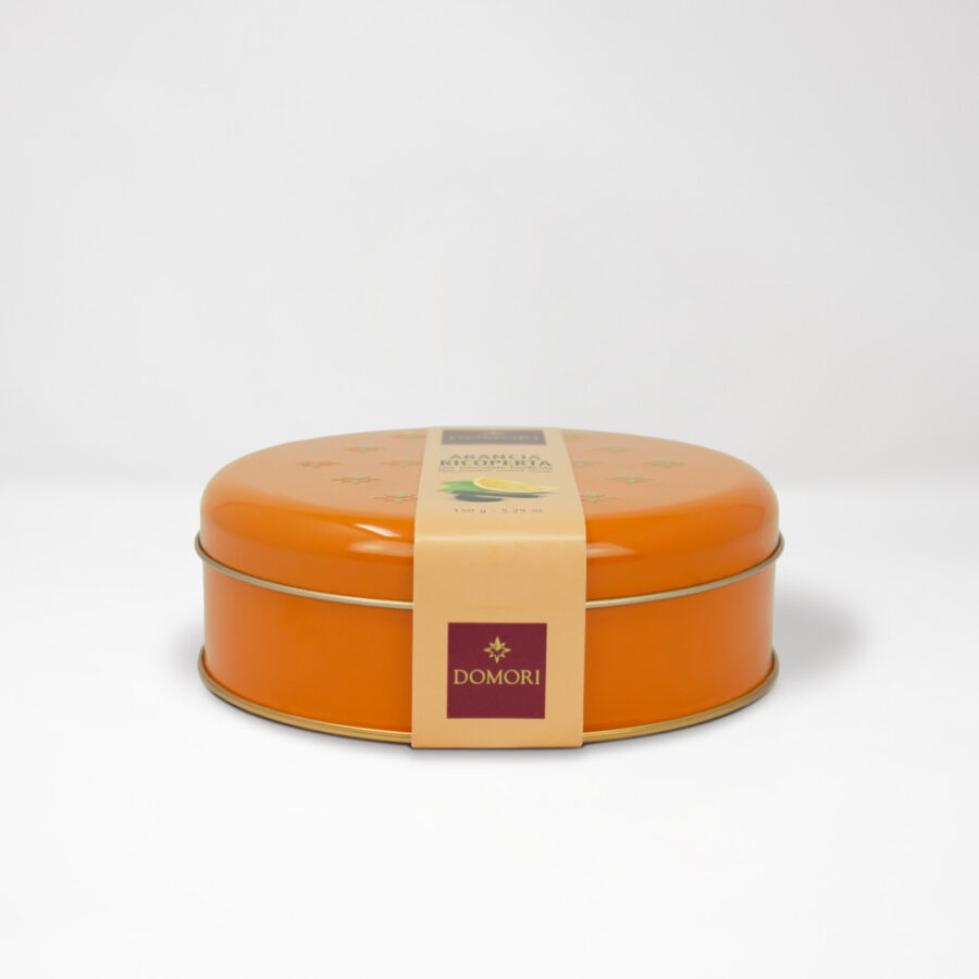 Domori Orange Fillets Covered with Dark Chocolate Gift Tin Side