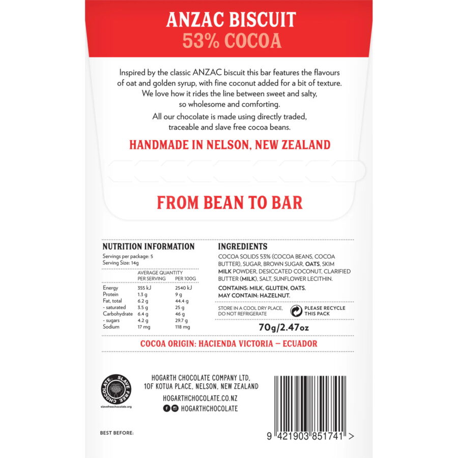 Hogarth Anzac Biscuit Guayaquil Ecuador 53% Milk Chocolate Bar with Oats & Coconut Back