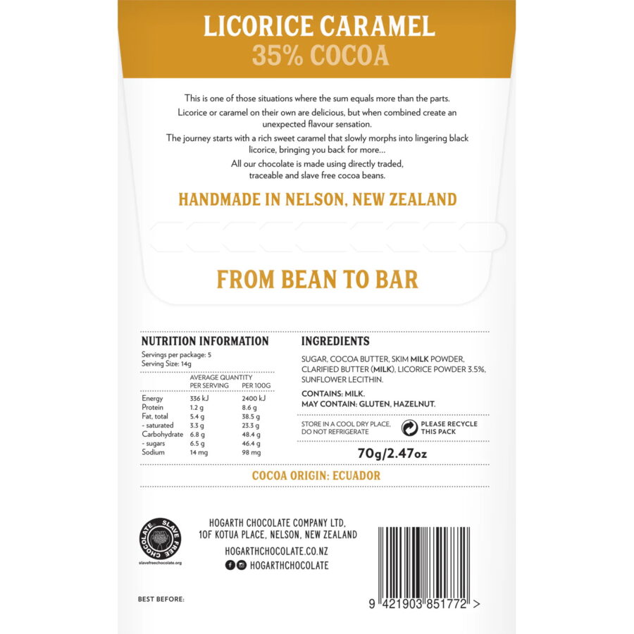 Hogarth Licorice Caramel 35% Caramelized White Chocolate Bar with Licorice Back