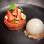Valrhona Pistachio Strawberry Ganache Tart with Toasted Milk Ice Cream