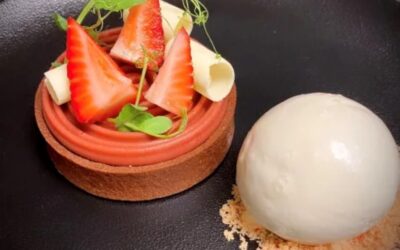 Valrhona Pistachio Strawberry Ganache Tart with Toasted Milk Ice Cream