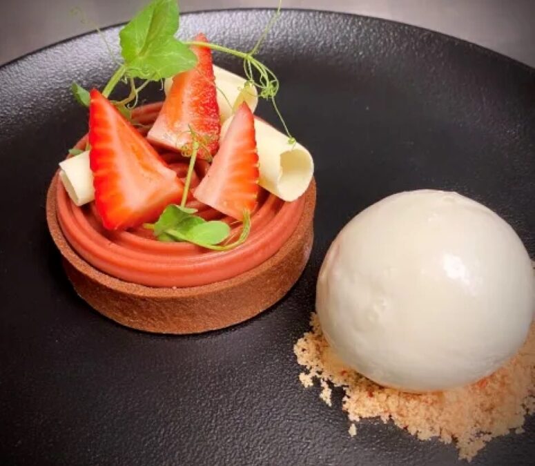 Valrhona Pistachio Strawberry Ganache Tart with Toasted Milk Ice Cream