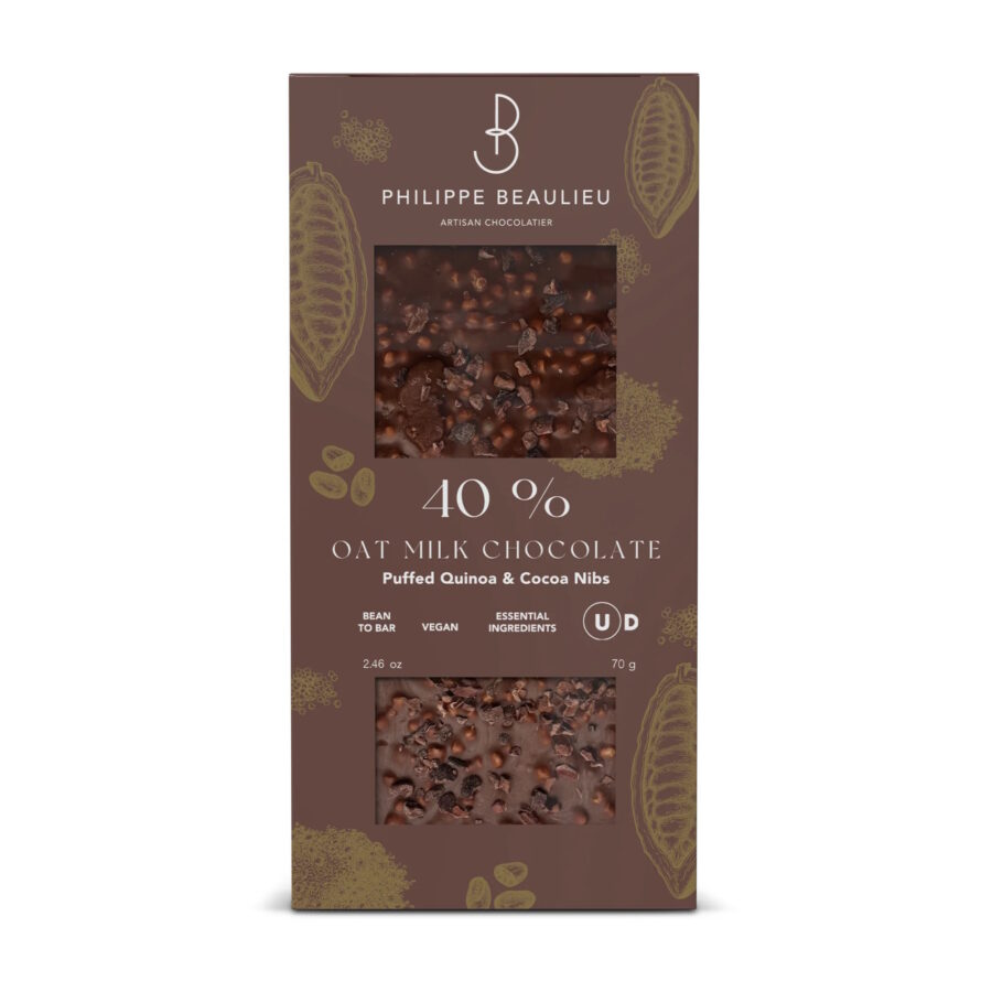 Philippe Beaulieu 40% Oat Milk Chocolate Bar with Puffed Quinoa & Cocoa Nibs