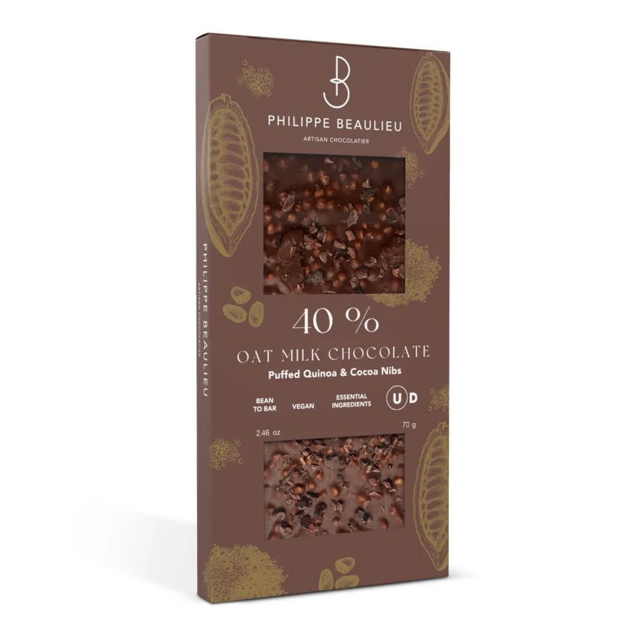 Philippe Beaulieu 40% Oat Milk Chocolate Bar with Puffed Quinoa & Cocoa Nibs Side