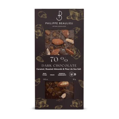 Philippe Beaulieu 70% Dark Chocolate Bar with Caramel, Roasted Almonds & Fleur de Sea Salt