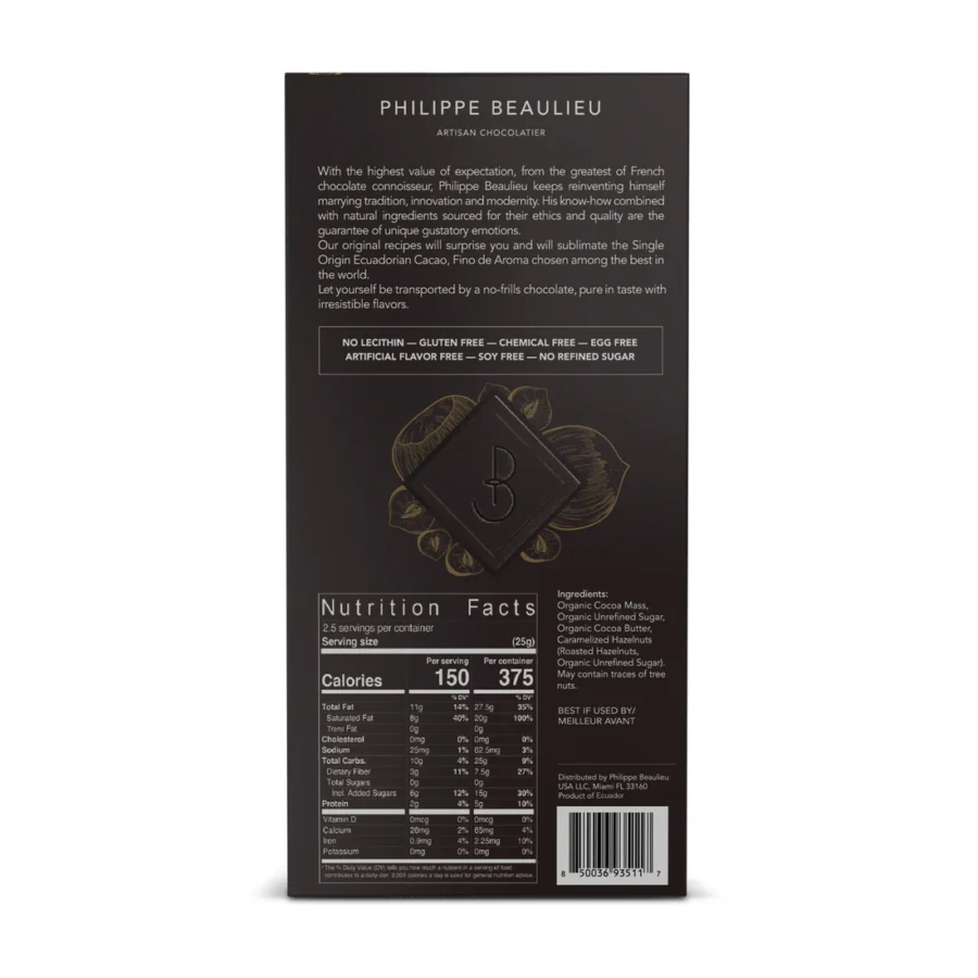 Philippe Beaulieu 70% Dark Chocolate Bar with Caramelized Hazelnuts Back