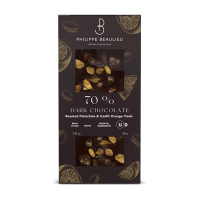 Philippe Beaulieu 70% Dark Chocolate Bar with Orange Confit and Roasted Pistachios