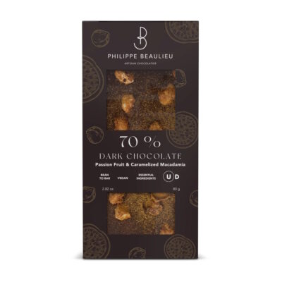 Philippe Beaulieu 70% Dark Chocolate Bar with Passion Fruit & Caramelized Macadamia