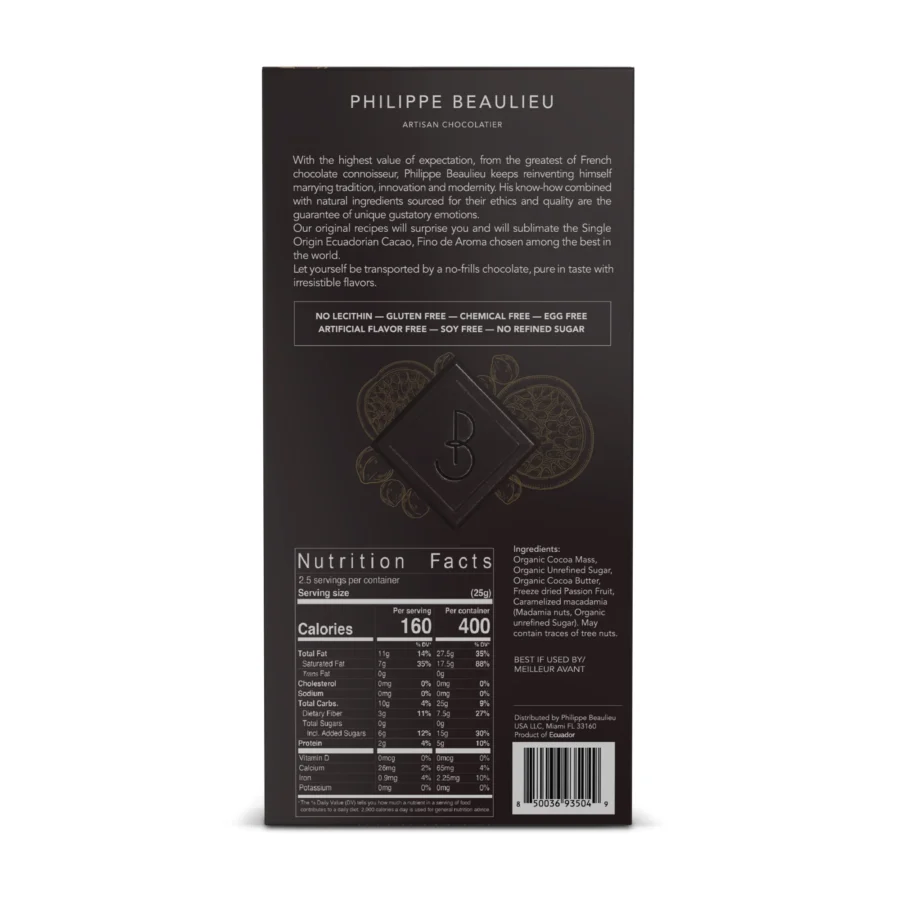 Philippe Beaulieu 70% Dark Chocolate Bar with Passion Fruit & Caramelized Macadamia Back