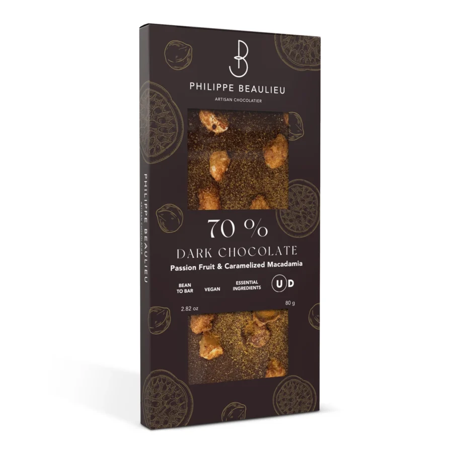 Philippe Beaulieu 70% Dark Chocolate Bar with Passion Fruit & Caramelized Macadamia Side