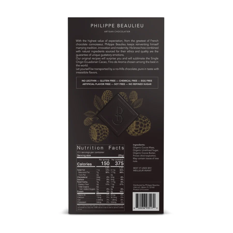 Philippe Beaulieu 70% Dark Chocolate Bar with Raspberry Back