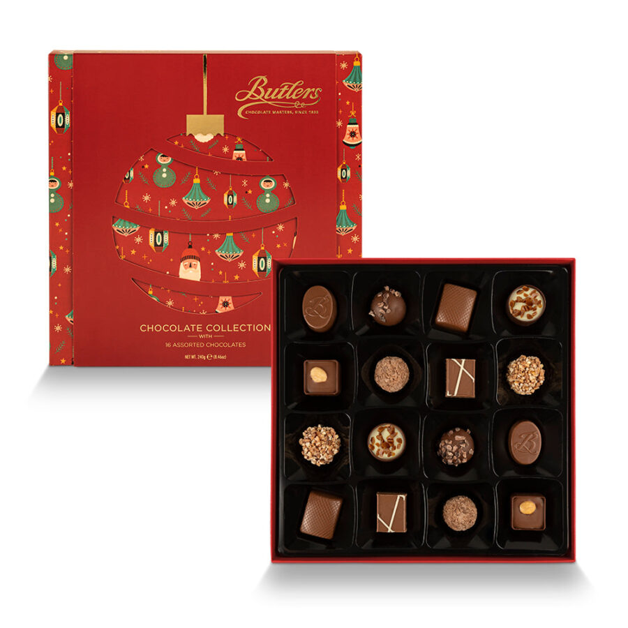 Butlers 16-Piece Holiday Ornament Assorted Chocolate Gift Box Open