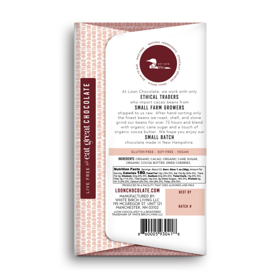 Loon Chocolate 70% Dark Chocolate Bar with Dried Cherries Back