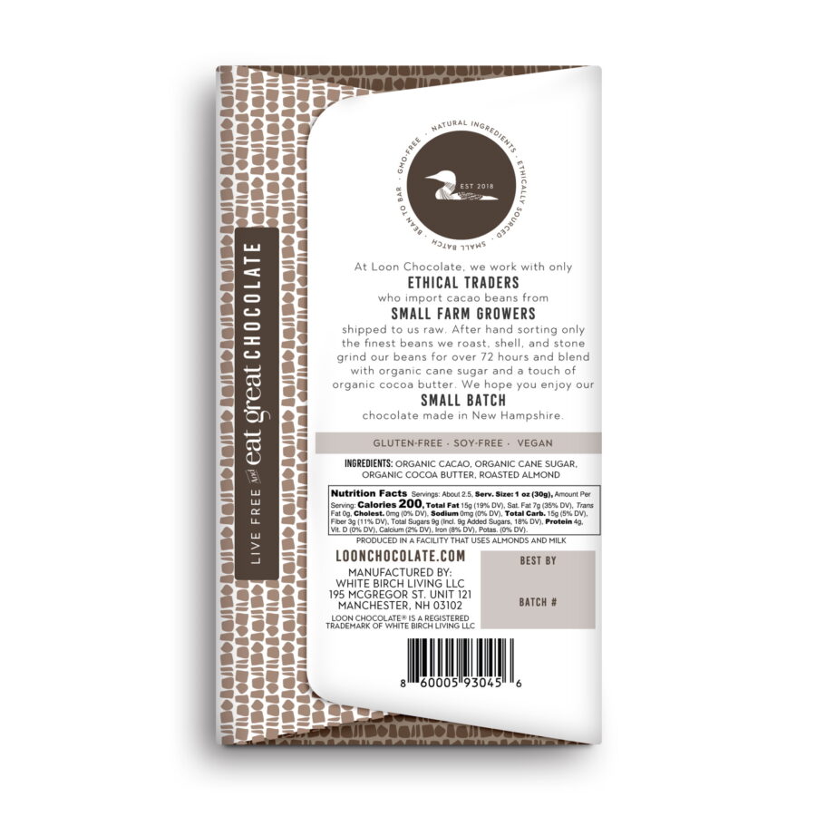 Loon Chocolate 70% Dark Chocolate Bar with Roasted Almond Back