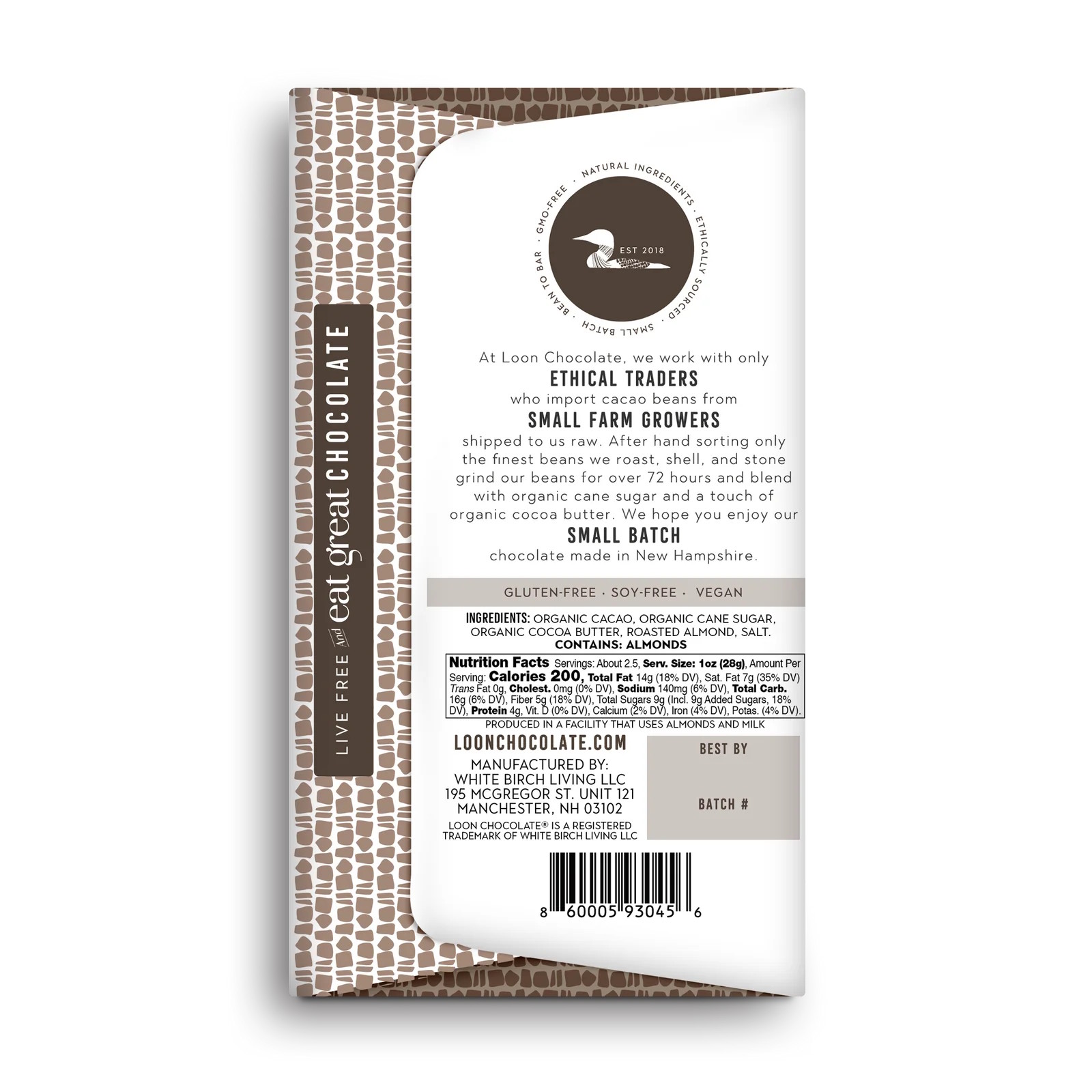 Loon Chocolate 70% Dark Chocolate Bar with Roasted Almonds & Sea Salt Back