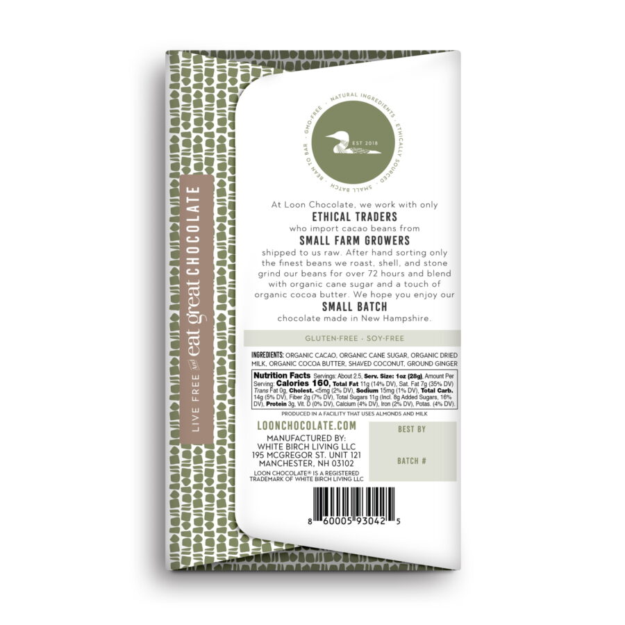 Loon Chocolate Caribbean Kiss Milk Chocolate Bar with Shaved Coconut & Ginger Back