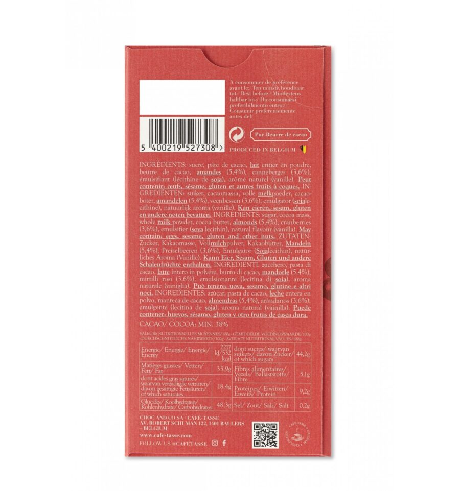 Café-Tasse 38% Milk Chocolate Bar with Almonds & Cranberries Back