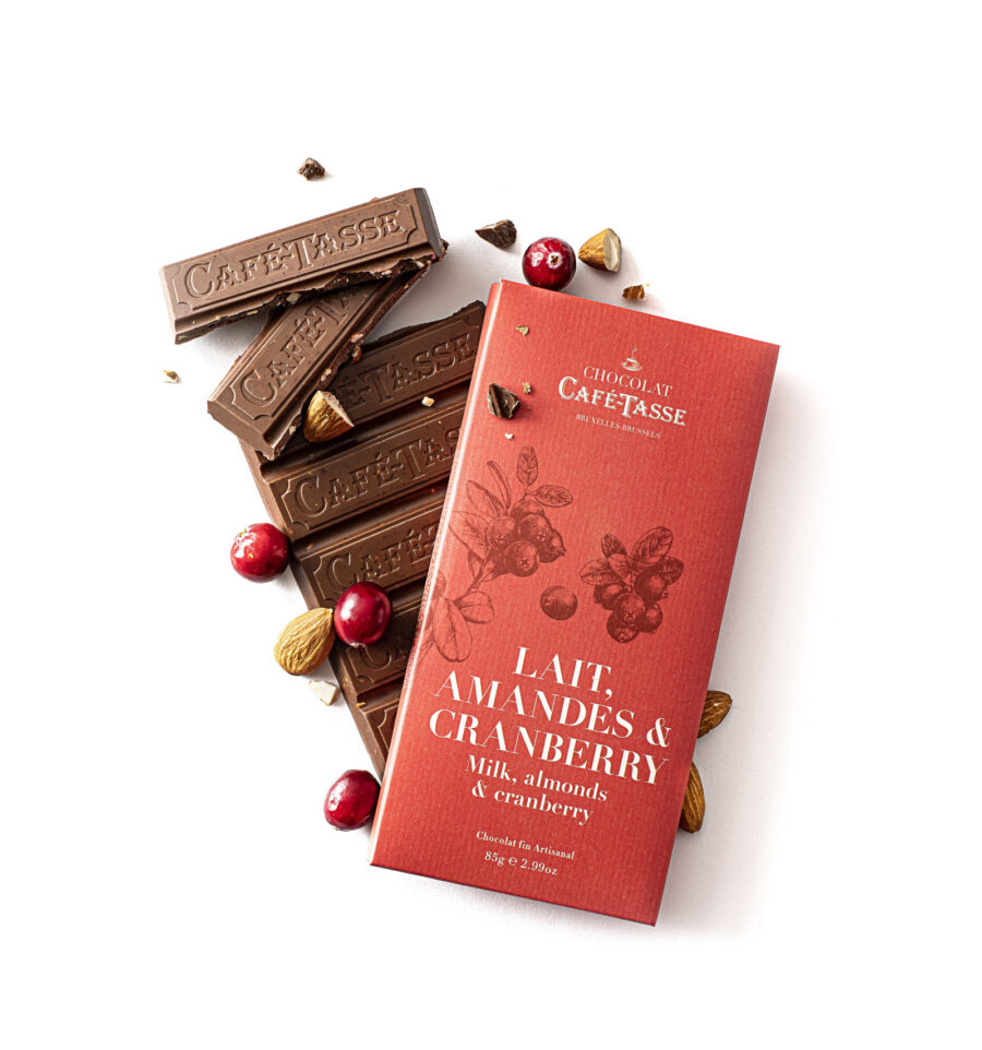 Café-Tasse 38% Milk Chocolate Bar with Almonds & Cranberries Lifestyle